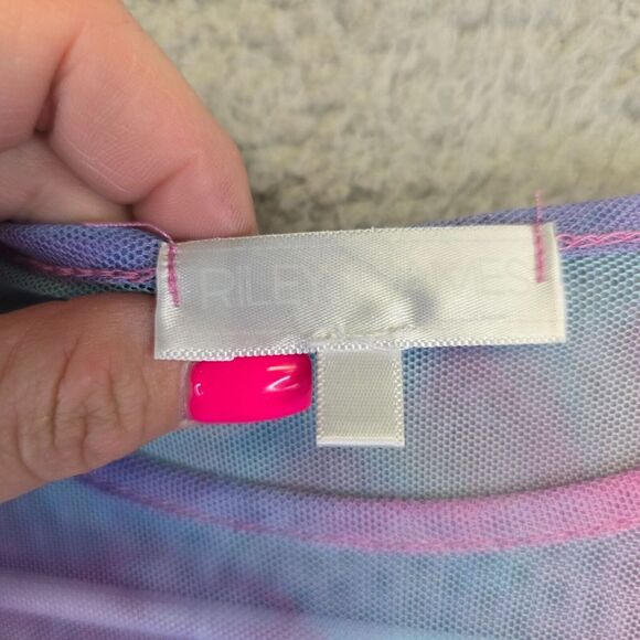 Riley James‎ Top Womens M Blue Pink Tie Dye Micromesh Ruched Rave Music Festive - Picture 9 of 11